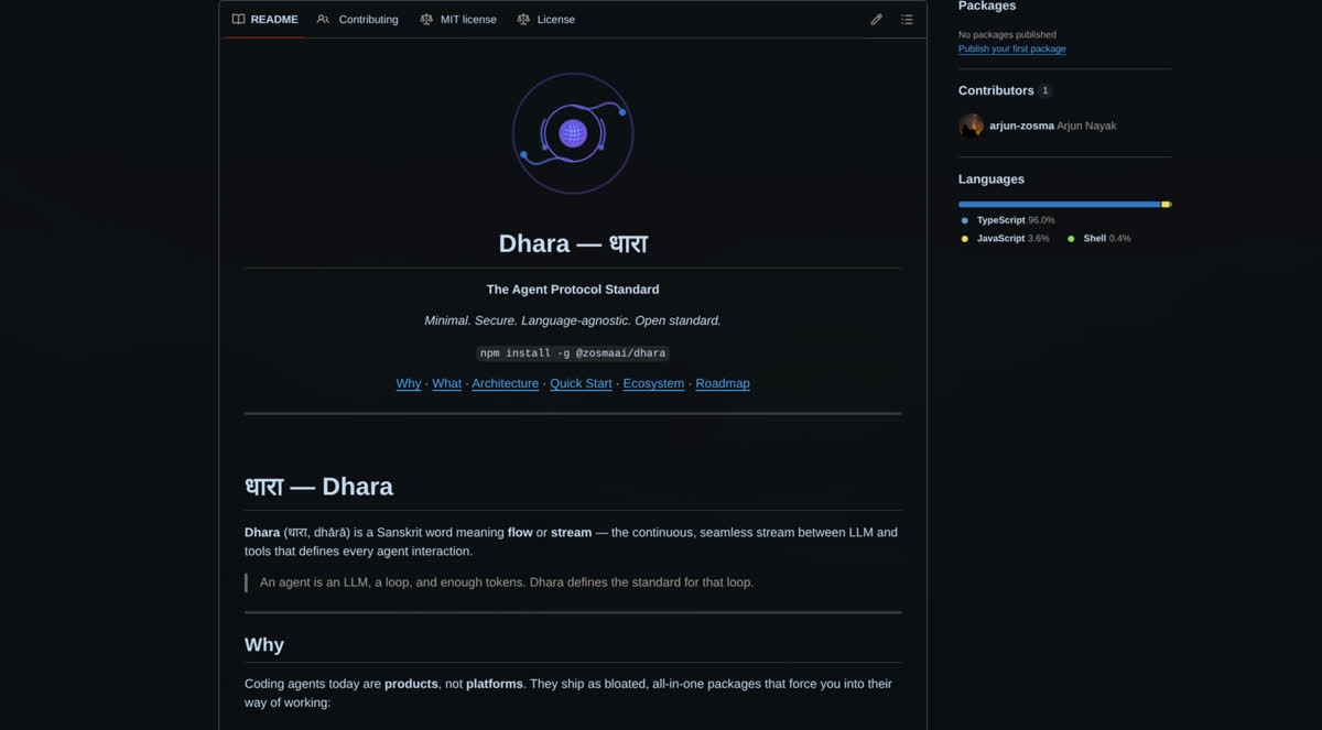 Dhara repository on GitHub showing the README, architecture diagram, and project structure
