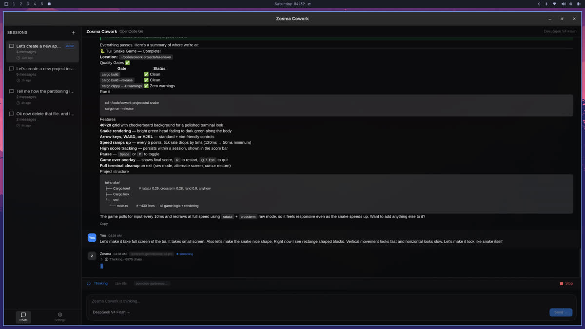 Zosma Cowork desktop interface
